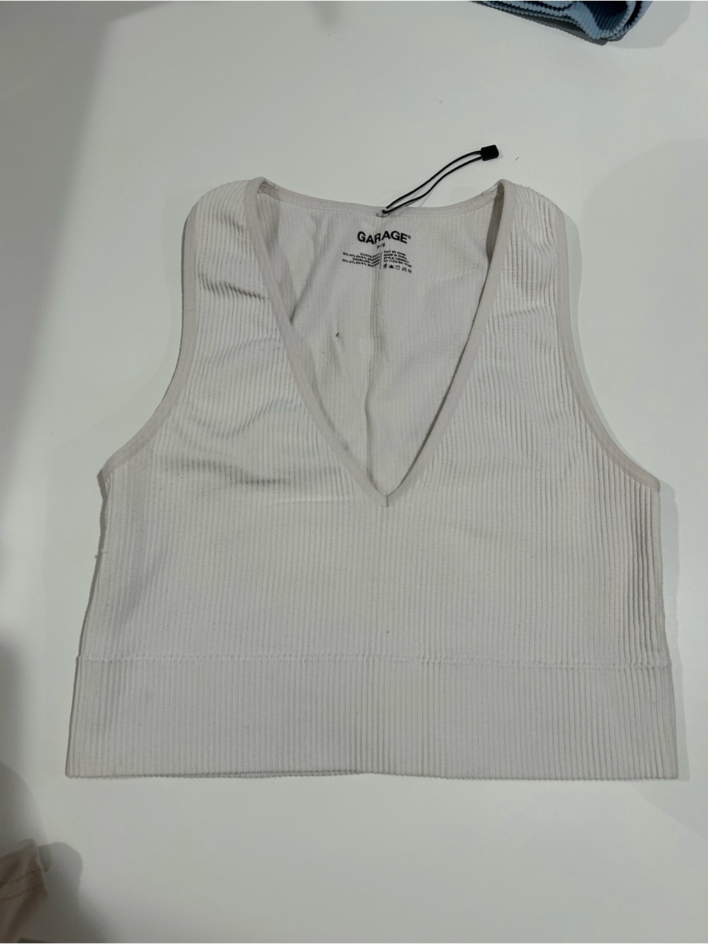 Garage White Ribbed V-Neck Cropped Tank